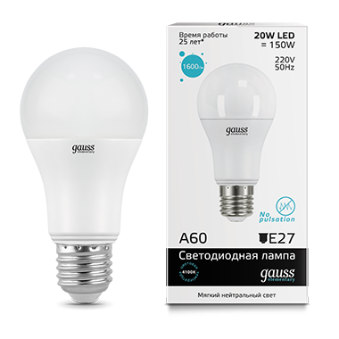 Лампа светодиодная GAUSS Elementary A60 20W 1600lm 4100K E27 1/10/50