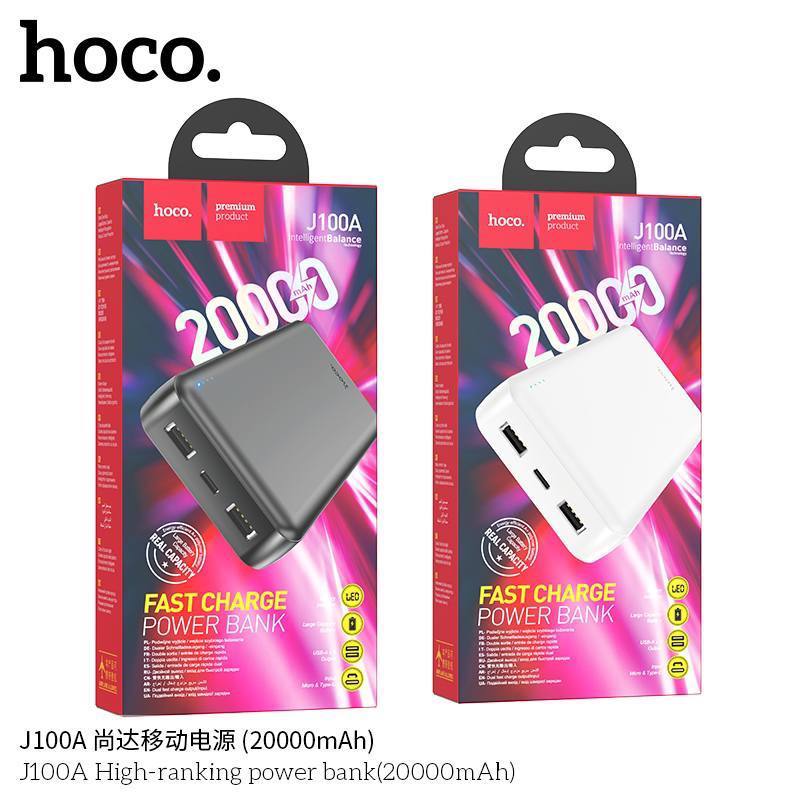 Аккумулятор внешний HOCO J100A, High ranking, 20000mAh, пластик, индикатор, 2 USB выхода, микро USB,