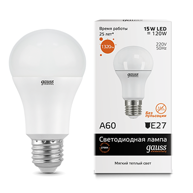 Лампа светодиодная GAUSS Elementary A60 15W 1320lm 3000K E27 1/10/50